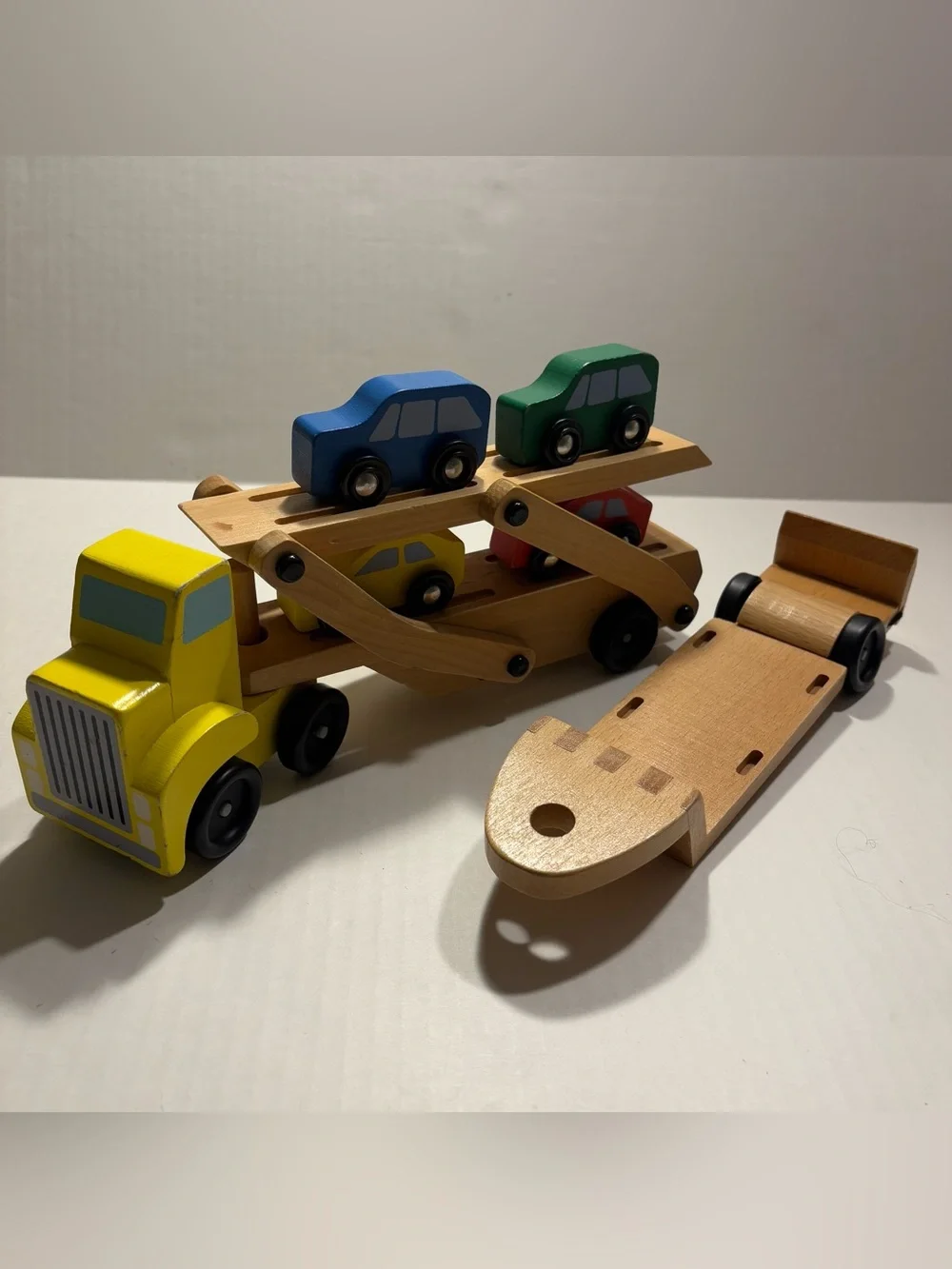 Melissa & Doug Flatbed Trailer, Double Trailer and Wooden Vehicle Set (7 pc)